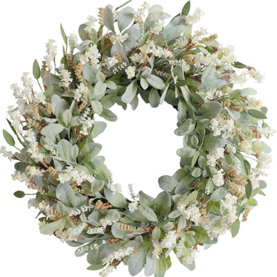 24 Inch Summer Spring Ivory Flowers Wreath for Front Door Everyday Lamb Ears Leaves Wreath with White Artificial Flower for Indoor and Outdoor Rustic and Farmhouse Greenery Flower Wreath
