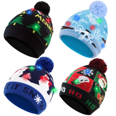GuardWee 4 Pack LED Light up Christmas Beanie Hats Xmas Knitted Hat Unisex Winter Hat Flashing Cap for Adults and Kids Christmas Party Supplies (Style B)