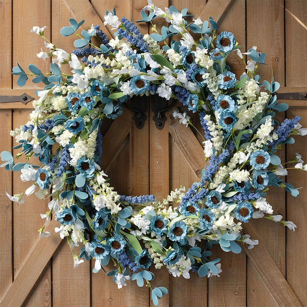Bibelot 20 Inch Spring Wreath Blue with Green Leaves Daisy Artificial Grains White Flower for Front Door WreathFarmhouse Decor Indoor&Outdoor Wedding Wall Home