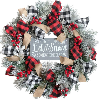 Tempus Artificial Christmas Wreath 20 inch Holiday Wreath with Pine Needles Berries and Christmas Signs Wooden Planks for Front Door Indoor Outdoor Holiday Party Decorations