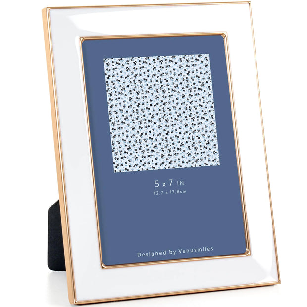 Venusmiles 5x7 Enamel Picture Frame Gold Metal Edge with Easel Real Glass Photo Frame for Wall and Tabletop Display Family Office Photo Gallery White Enamel/1pc